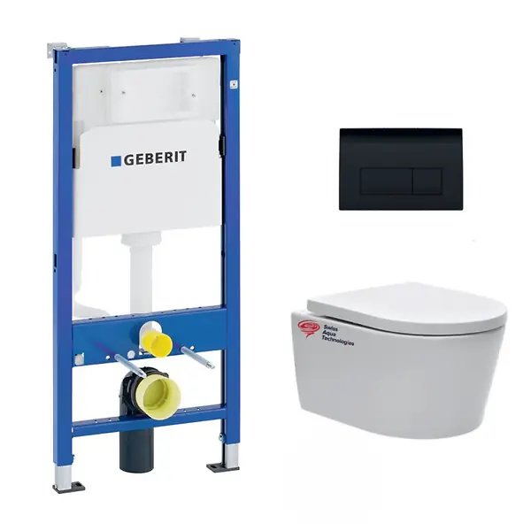 Meilleur Choix Pack WC Bati Geberit UP100 + WC sans bride Swiss Aqua Technologies + Abattant softclose + Plaque Noir brillant