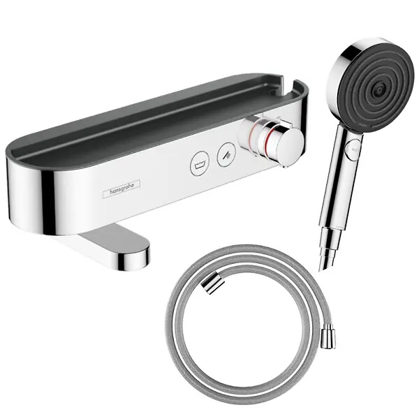 Pack mitigeur bain douche thermostatique ShowerTablet Select + Flexible Designflex + Pommeau de douche Pulsify Select 3 jets Chromé HANSGROHE Prix Promo