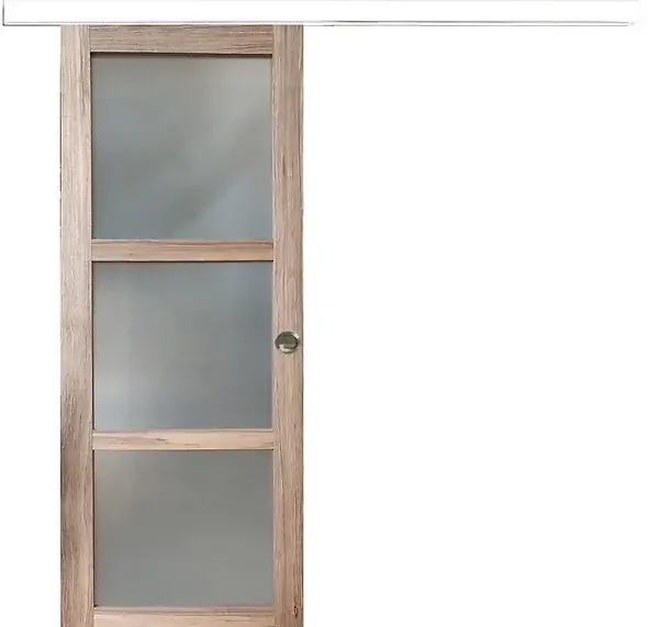 Usine Directe Porte Coulissante bois Frake Vitrée H204 x L83 cm, rail alu bandeau blanc, coquilles GD MENUISERIES