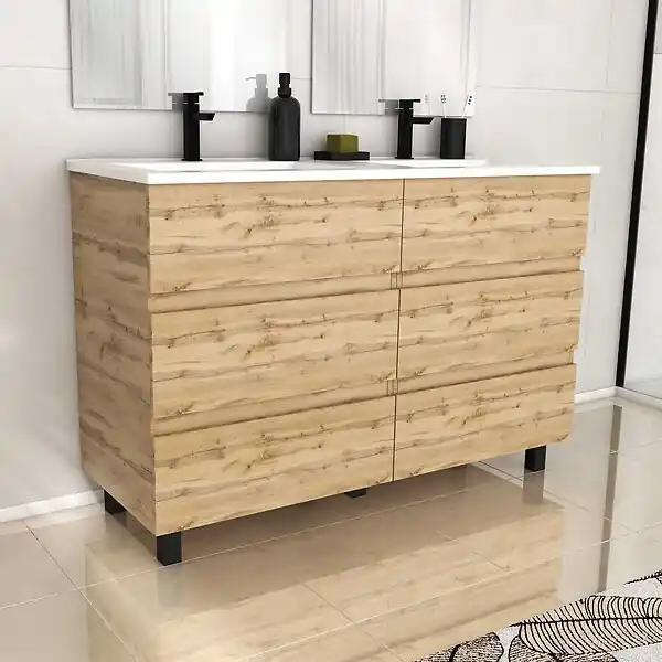 Vente Directe Meuble de salle de bains 120cm 6 Tiroirs_Chêne Naturel + Vasque céramique blanche - TIMBER 120 AURLANE