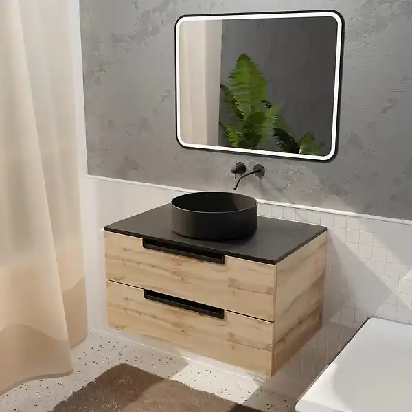 Quantité Limitée Meuble salle de bains 80cm Decor Bois et Noir, 2 Tiroirs, Vasque Noire 36cm et Miroir Led 80x60cm AURLANE
