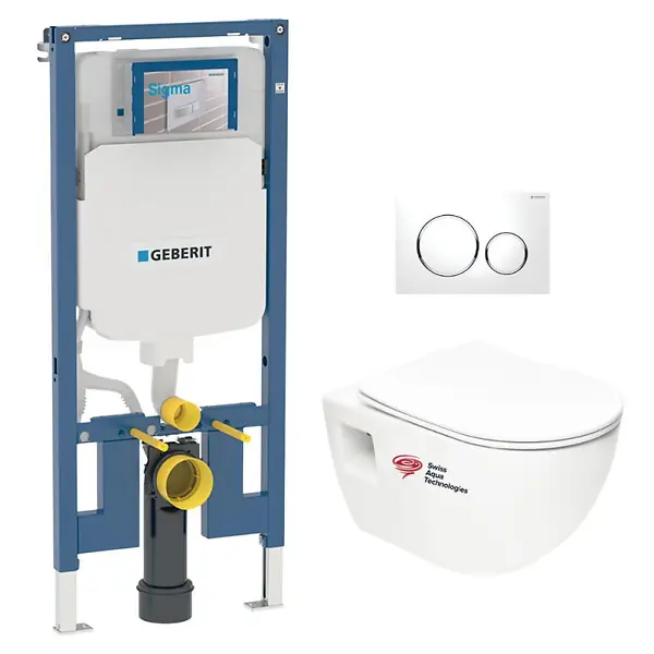 Pack bati-support Geberit + WC sans bride Swiss Aqua Technologies + abattant SoftClose + plaque chrome (SLIM-Project-C) Meilleur Prix