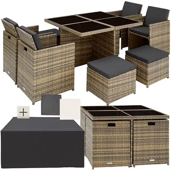 Salon de jardin MANHATTAN 8 places avec 2 sets de housses + housse de protection, variante 2 marron naturel TECTAKE Haute Qualité