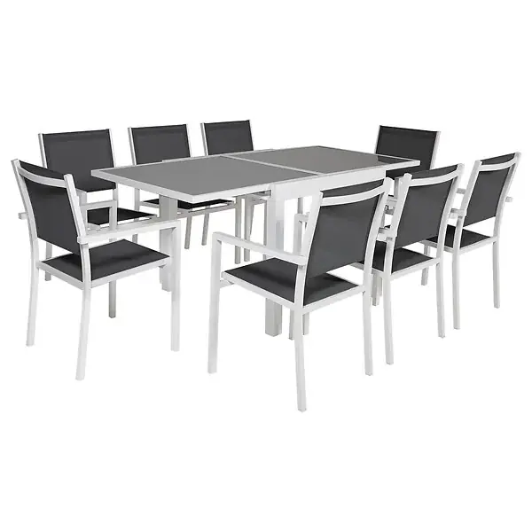 Nouvelle Collection Salon de jardin LAMPEDUSA extensible en textilène gris 8 places - aluminium blanc HAPPY GARDEN