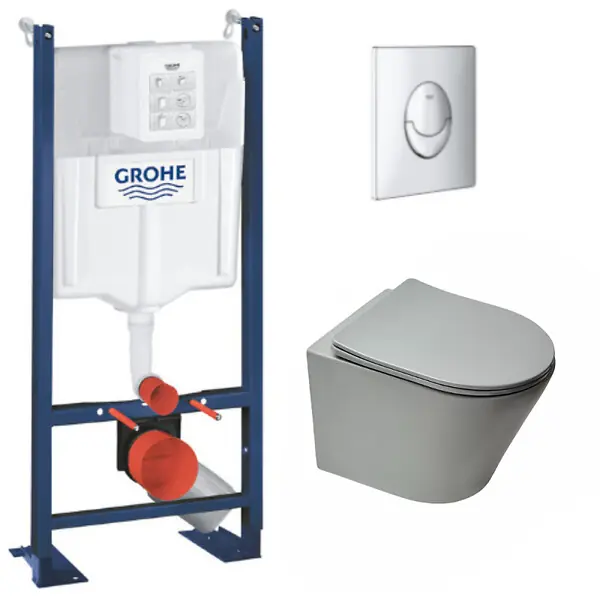 Pack WC Bâti autoportant + WC suspendu Swiss Aqua Technologies GreyInfinitio sans bride + Abattant softclose + Plaque Chrome GROHE Certifié