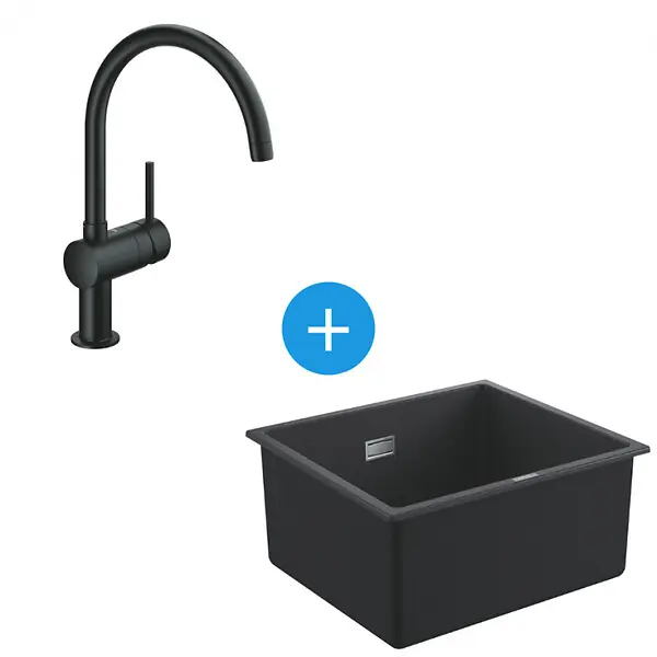 Prix Cassé Grohe Kit Evier Quartz Noir Granite K700 417 x 366mm + Mitigeur Minta Noir col de cygne pivotant à 360° (31653AP0-SET6)