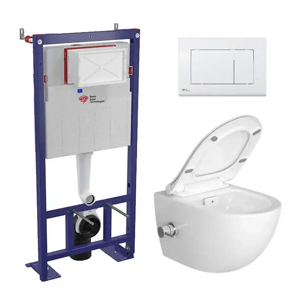 Pack WC bâti-autoportant + WC sans bride SAT Infinitio avec fonction bidet thermostatique + Abattant softclose + Plaque blanche SWISS AQUA TECHNOLOGIES Offre Spéciale