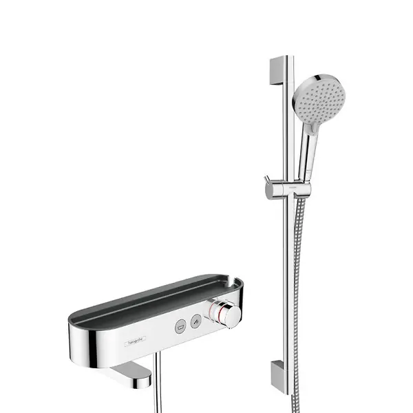 Hansgrohe Pack Mitigeur thermostatique bain/douche 400 avec tablette, bec déverseur rotatif + Set de douche 2 jets, Chrome Achat Immédiat