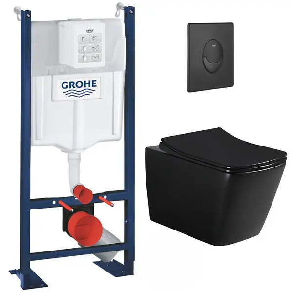 Quantité Limitée Pack WC Bâti-support Rapid SL + WC sans bride Infinitio Design, Noir mat + Abattant softclose + Plaque Noire mat GROHE