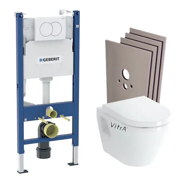 Pack WC Bati-support Geberit Duofix + WC suspendu Vitra Integra + Abattant en Duroplast + Plaque blanche + Set d‘habillage Authentique
