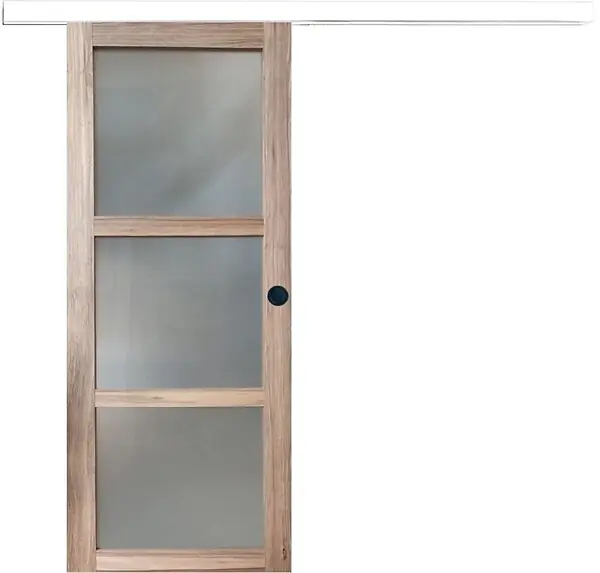 Haute Qualité Porte Coulissante bois Frake Vitrée H204 x L83 cm, rail alu bandeau blanc, coquilles Noir GD MENUISERIES