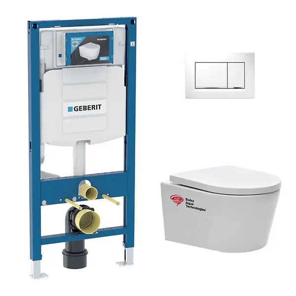Pack WC Bâti-support UP320 + Cuvette sans bride SAT + Abattant soft close + Plaque blanche (GebSATrimless-H) GEBERIT Affaire À Saisir