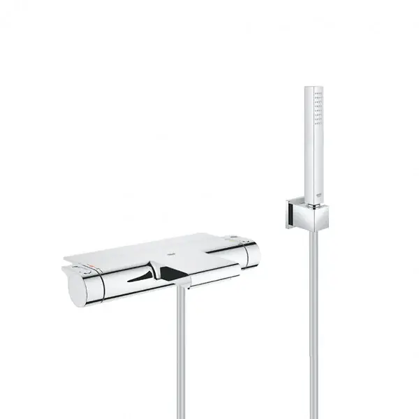 Grohe Set bain/douche mitigeur thermostatique cascade + Douchette Stick 1 jet, support mural, flexible, Chrome (34467001-CUBESTICK) Vente Directe
