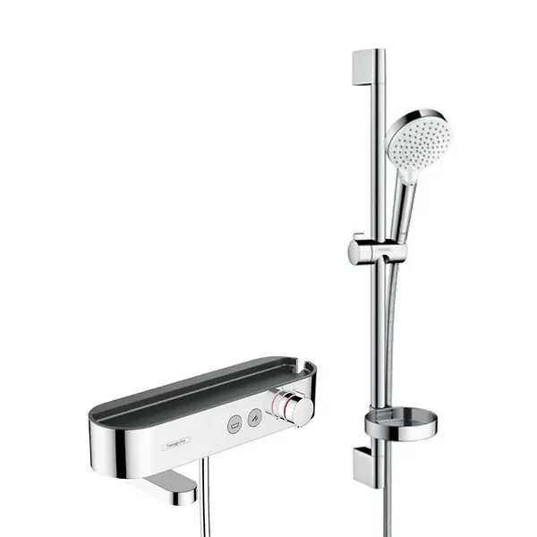 Usine Directe Hansgrohe Pack Mitigeur thermostatique bain/douche 400 avec tablette, bec déverseur rotatif + Set de douche 2 jets, Chrome