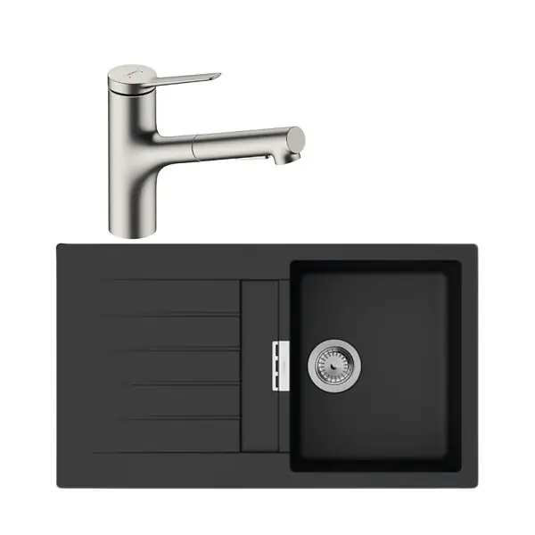 Evier 1 bac 840 S52 synthèse noir + robinet de cuisine avec douchette Zesis M33 150 2 jets aspect acier inox HANSGROHE Expédié Aujourd'hui