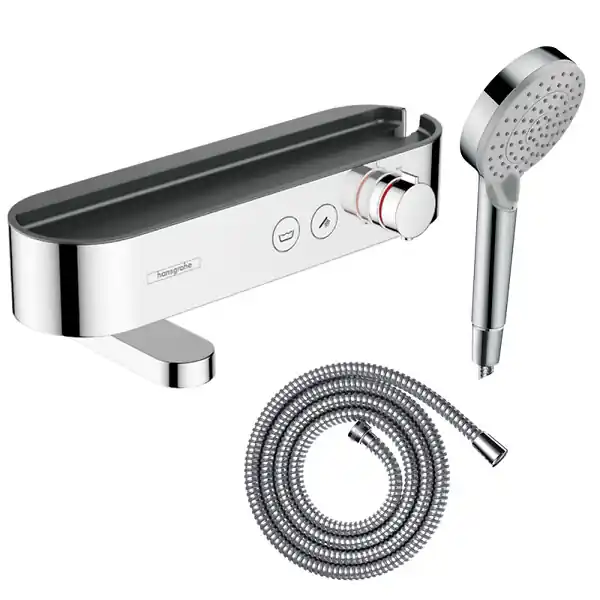 Soldes Pack mitigeur bain douche thermostatique ShowerTablet Select + Flexible Metaflex + Pommeau de douche Vernis Blend Chromé HANSGROHE