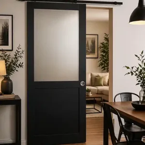 Authentique Porte Coulissante Athena Noir H204 x L93 cm, Rail Roulettes, Coquilles GD MENUISERIES