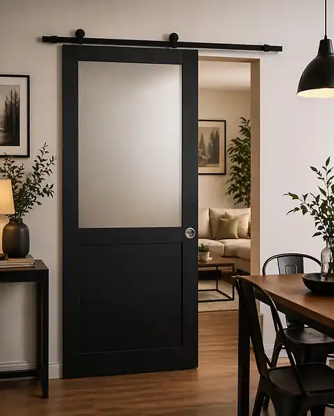 Authentique Porte Coulissante Athena Noir H204 x L93 cm, Rail Roulettes, Coquilles GD MENUISERIES