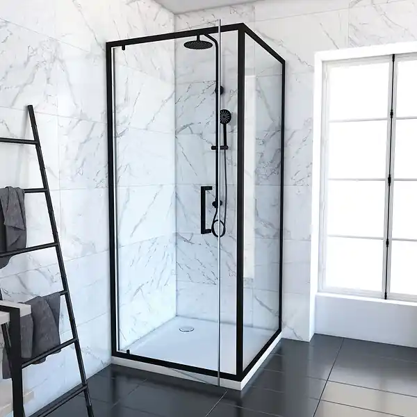 Porte de douche Pivotante et retour profilés noir + receveur a poser - 80x80x204cm - CRUSH PIVOTANTE AURLANE Remise