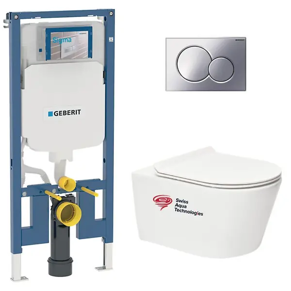 Prix Cassé Pack bati-support Geberit extra-plat + WC sans bride Swiss Aqua Technologies + Abattant SoftClose + Plaque (SLIM-Brevis-N)