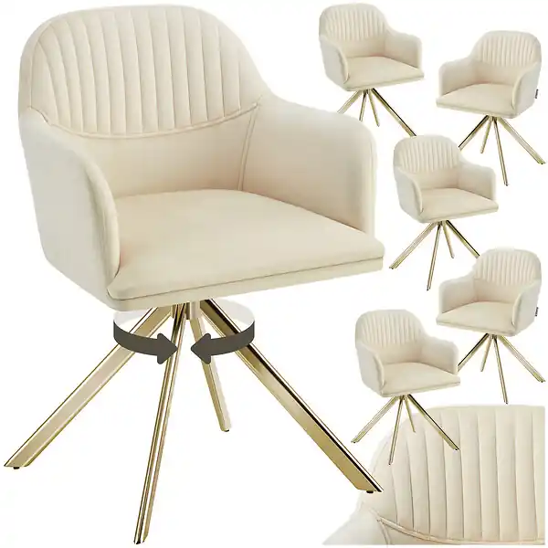 Lot de 6 chaises pivotantes à 360° en velours rembourrées crème/or TECTAKE Nouveauté