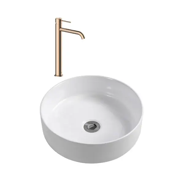 Achat Immédiat Ceramia Aurum mitigeur lavabo inox, or rose + Ceramia PixL 36x12,5 cm vasque à poser, sans trop-plein, blanc (SAT285BRGCEPX3636)