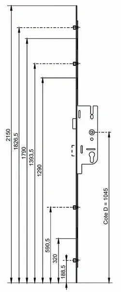 Offre Spéciale Crémone EUROPA 35/70mm têtière 16mm longueur 2150mm côte D 1045mm - FERCO - 6-33162-07-0-1