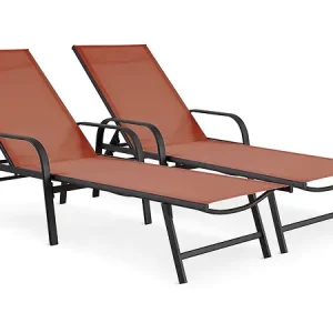 Haute Qualité Lot de 2 bains de soleil en métal avec accoudoirs "Farniente"- Terracotta HABITAT ET JARDIN
