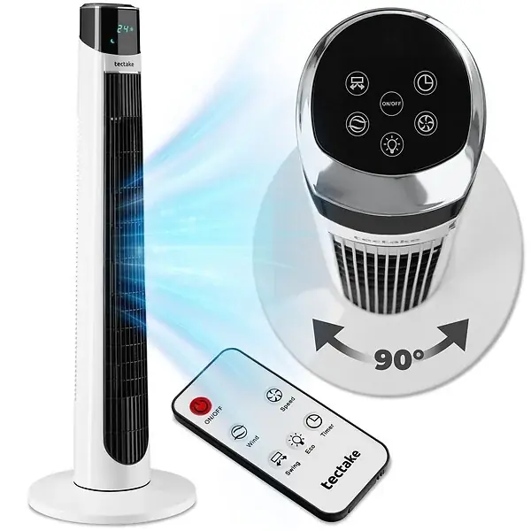 Ventilateur colonne blanc silencieux économe énergie 3 modes 3 vitesses oscillation 90° écran tactile led TECTAKE Usine Directe