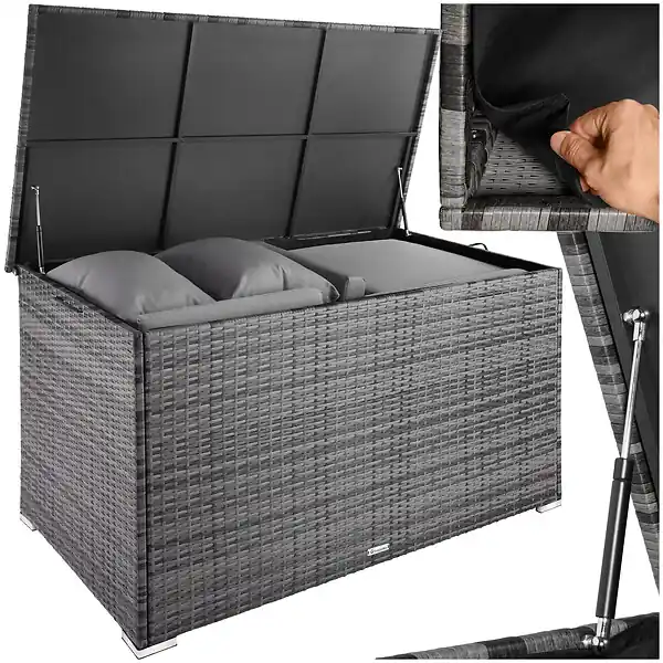Coffre de jardin structure en aluminium 145x82,5x79,5cm gris 750L et tressage en rotin TECTAKE Jusqu'à Épuisement Des Stocks