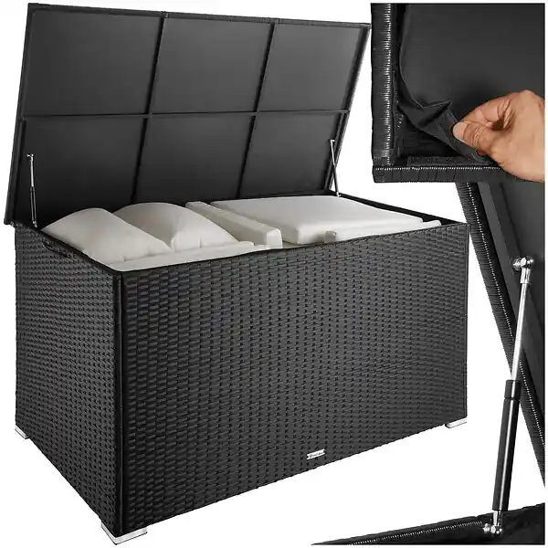 Achetez Aujourd'hui Coffre jardin en aluminium en résine tressée noir vérins gaz 145x83x80cm 750 l capacité TECTAKE