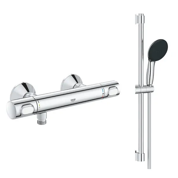 Quantité Limitée Mitigeur douche thermostatique Precision Flow + Ensemble de douche 2 jets avec barre Chromé GROHE
