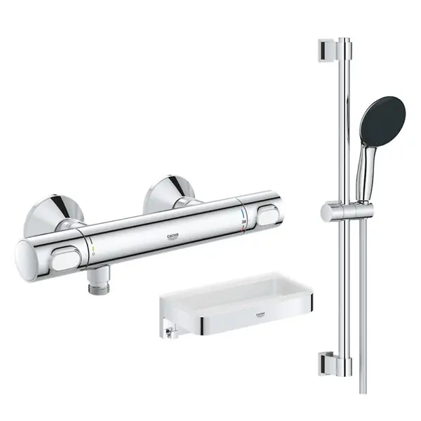 Mitigeur douche thermostatique Precision Flow + Ensemble de douche Start 2 jets avec barre + Panier douche GROHE Petit Prix