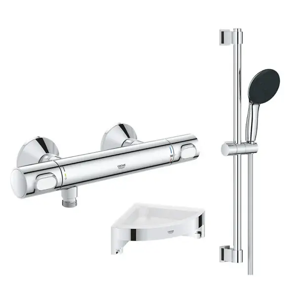 Nouvelle Collection Mitigeur douche thermostatique Precision Flow + Ensemble de douche 2 jets et barre +Tablette d‘angle GROHE