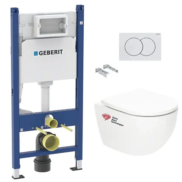 Pack WC Bâti support Geberit + WC Swiss Aqua Technologies Vortex sans bride + abattant SoftClose + plaque (VORTEXGEB3) Authentique