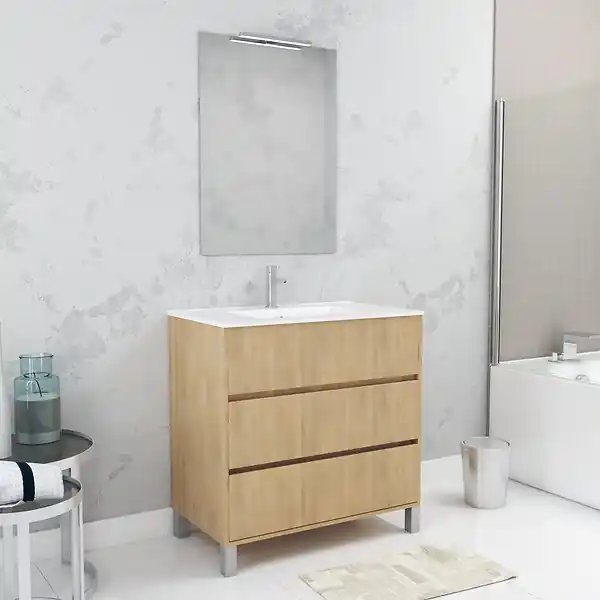 Certifié Pack Meuble Salle de Bains 80cm Chêne Clair 3 Tiroirs, Vasque, Miroir 60x80 et réglette Led - XENOS AURLANE