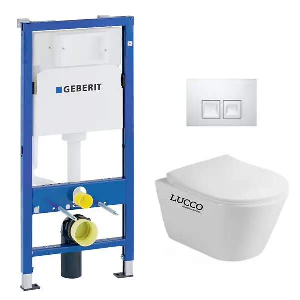 Authentique Pack WC Bati-support Geberit Duofix + WC Lucco Avva sans bride + Abattant softclose + Plaque blanche (AvvaGeb1)