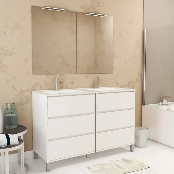 Prix Bas Meuble Salle de Bains 120 cm Laqué Blanc 6 Tiroirs, Vasque, Miroirs 60x80 et Réglettes Led - XENOS AURLANE