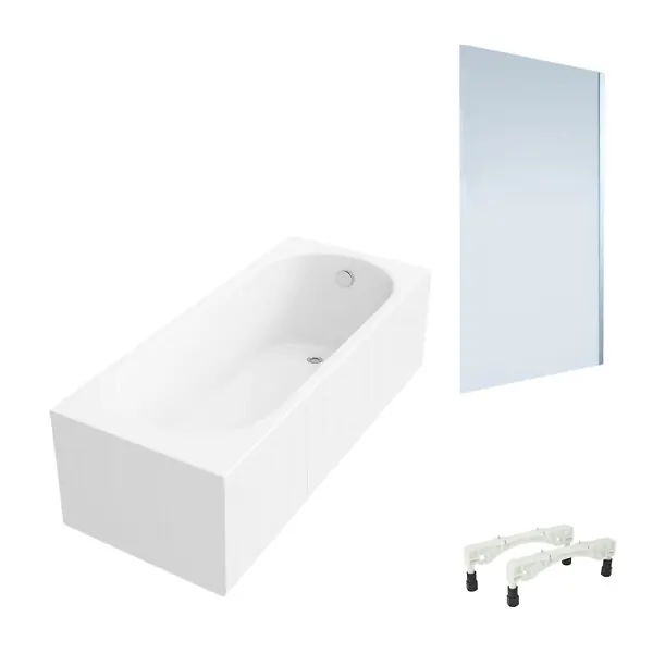 Expédié Aujourd'hui Baignoire droite avec pieds 170 x 70 cm O.Novo + Pare bain droite AURYS Mist 1 chromé VILLEROY ET BOCH